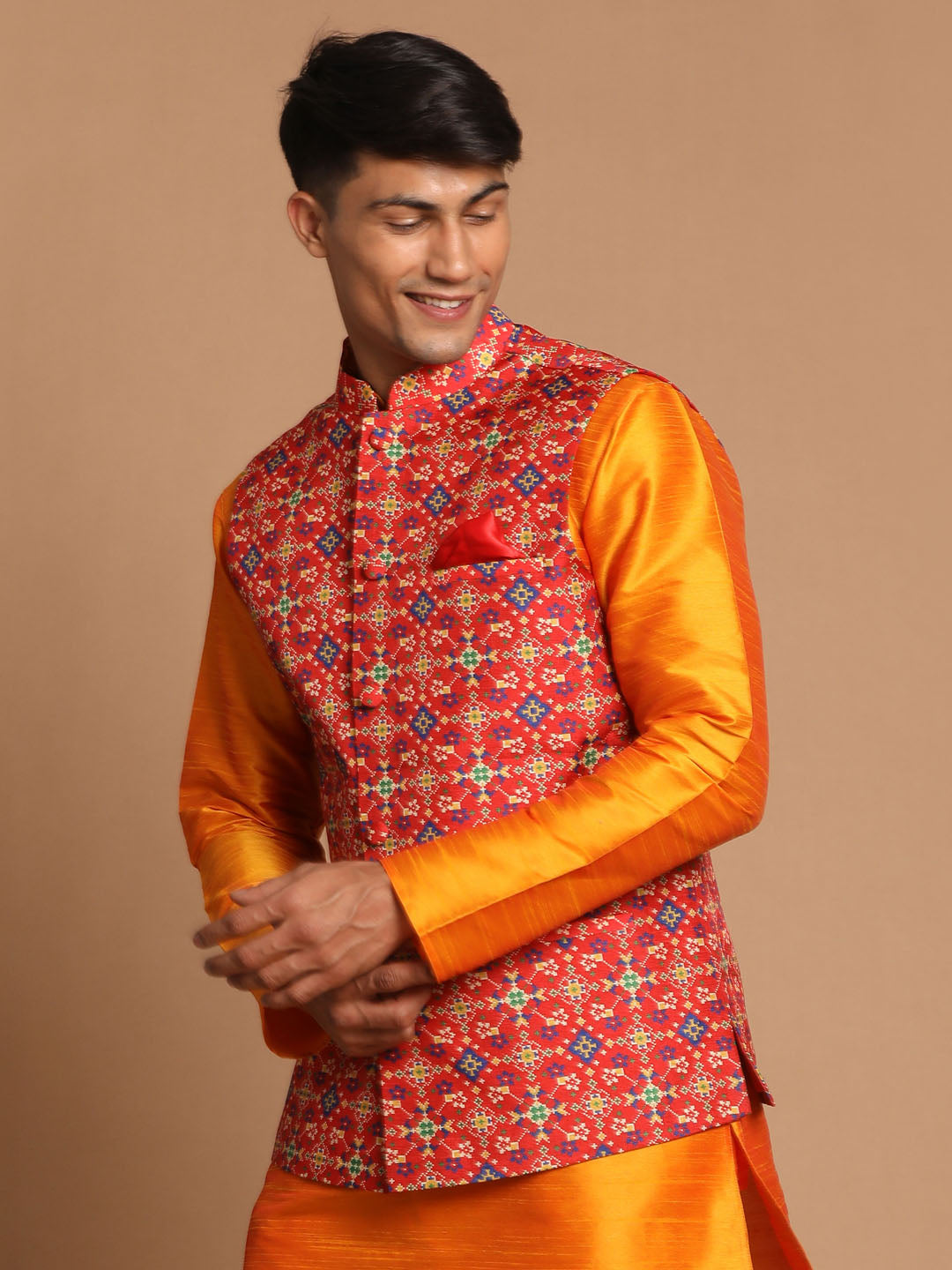 Men's Orange Silk Blend Straight Jacket  Kurta and Pyjama Set