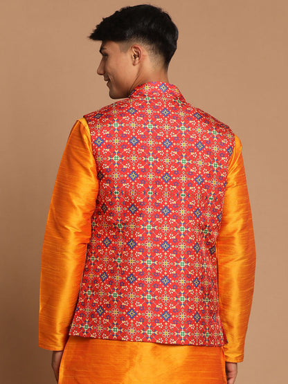 Men's Orange Silk Blend Straight Jacket  Kurta and Pyjama Set