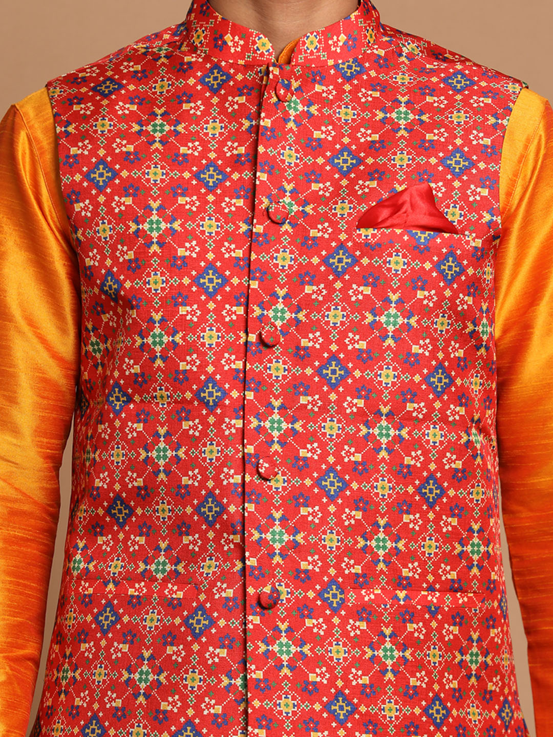 Men's Orange Silk Blend Straight Jacket  Kurta and Pyjama Set