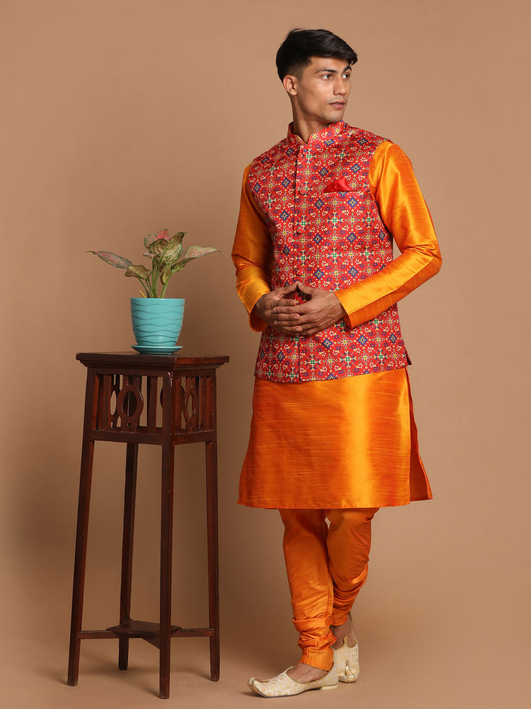 Men's Orange Silk Blend Straight Jacket  Kurta and Pyjama Set