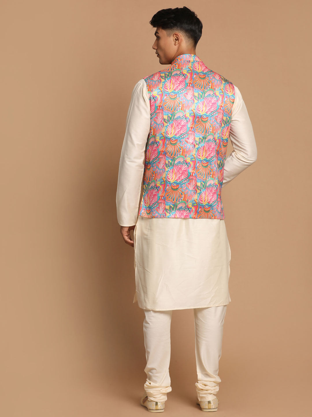 Men's Cream Viscose Straight Jacket  Kurta and Pyjama Set