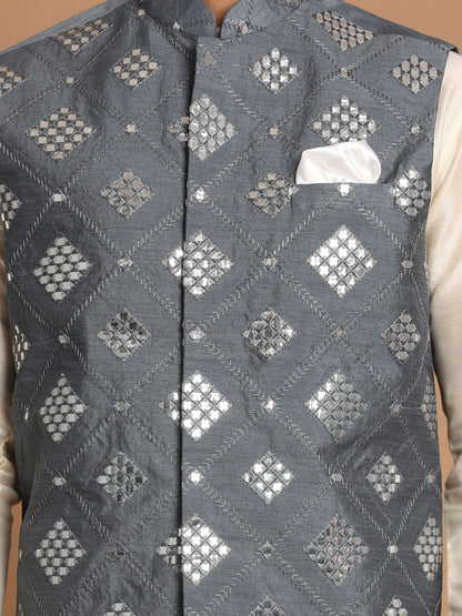 Men's Cream Viscose Straight Jacket  Kurta and Pyjama Set
