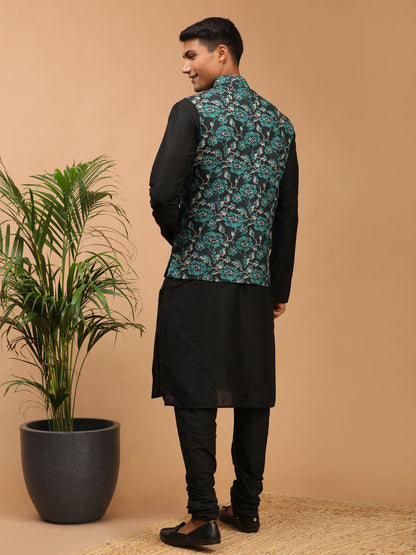 Men's Black Viscose Straight Jacket  Kurta and Pyjama Set