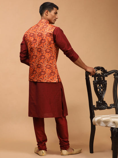 Men's Maroon Viscose Straight Jacket  Kurta and Pyjama Set