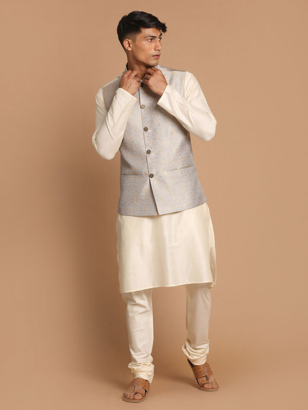 Men's Cream Viscose Straight Jacket  Kurta and Pyjama Set