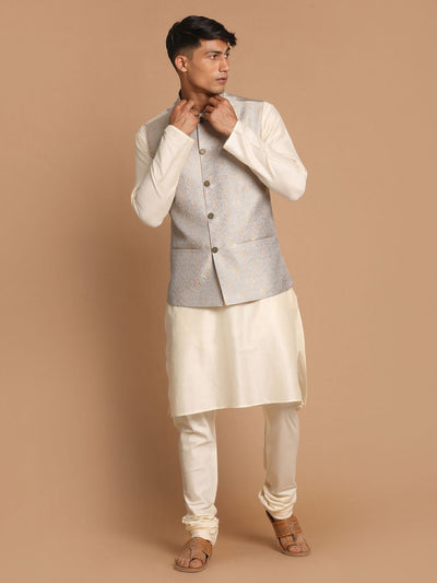 Men's Cream Viscose Straight Jacket  Kurta and Pyjama Set