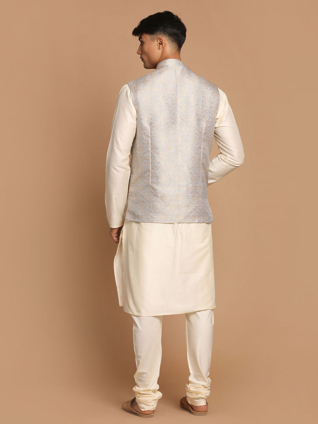 Men's Cream Viscose Straight Jacket  Kurta and Pyjama Set