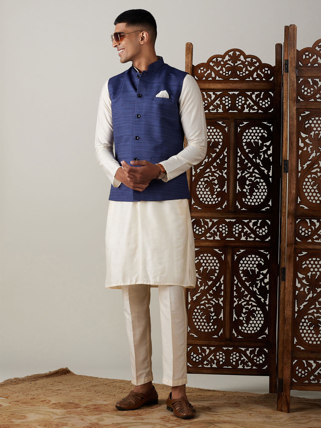 Men's Cream Viscose Straight Jacket  Kurta and Pyjama Set
