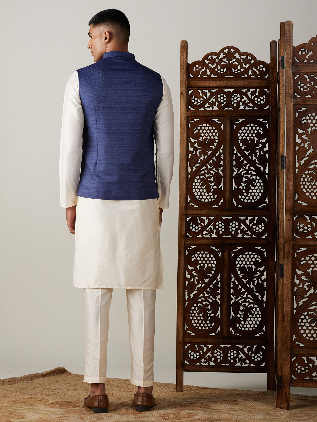 Men's Cream Viscose Straight Jacket  Kurta and Pyjama Set