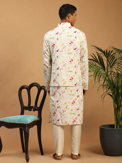 Men's Cream Cotton Blend Straight Jacket  Kurta and Pyjama Set
