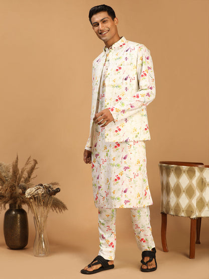 Men's Cream Cotton Blend Straight Jacket  Kurta and Pyjama Set