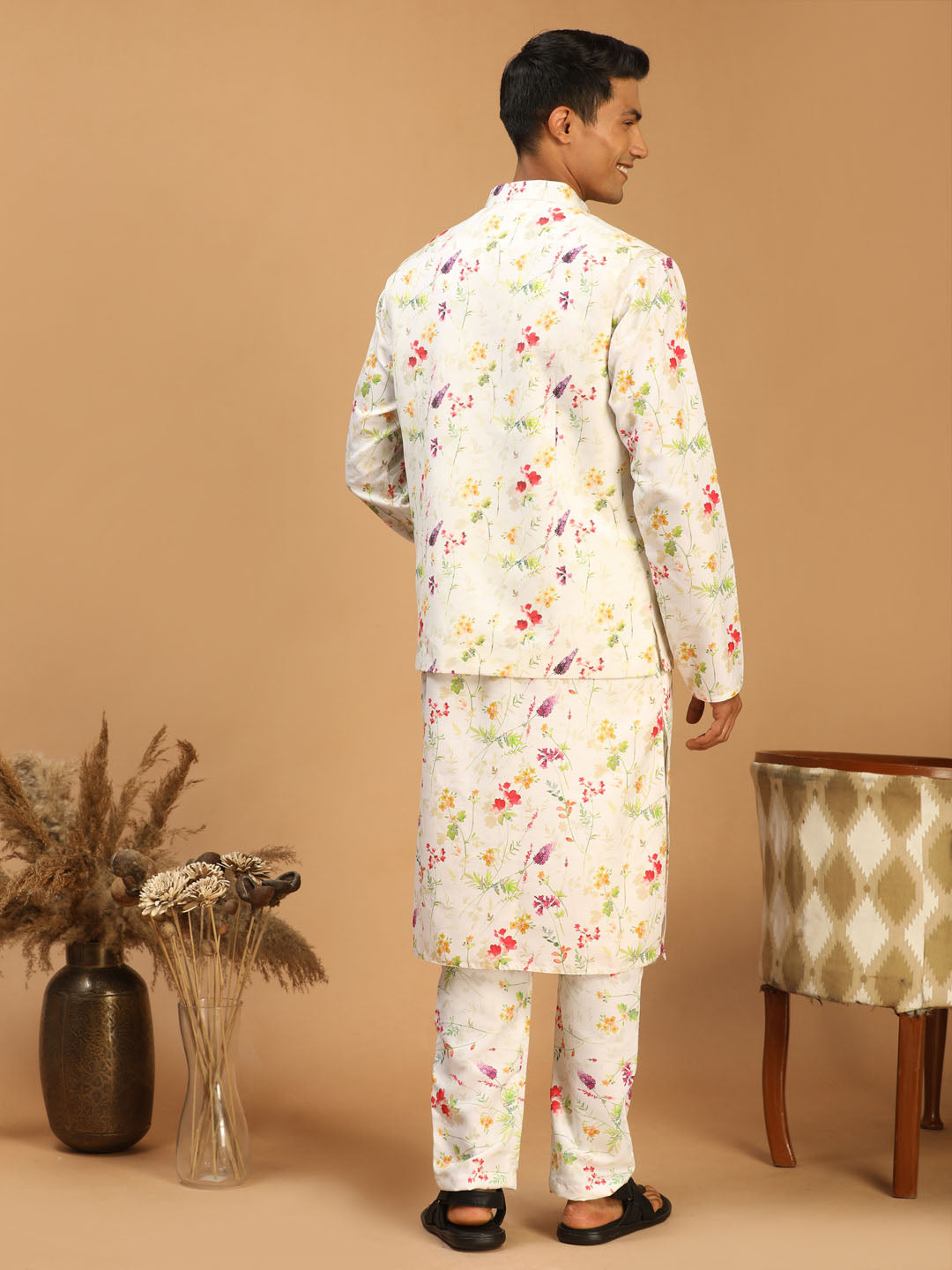 Men's Cream Cotton Blend Straight Jacket  Kurta and Pyjama Set
