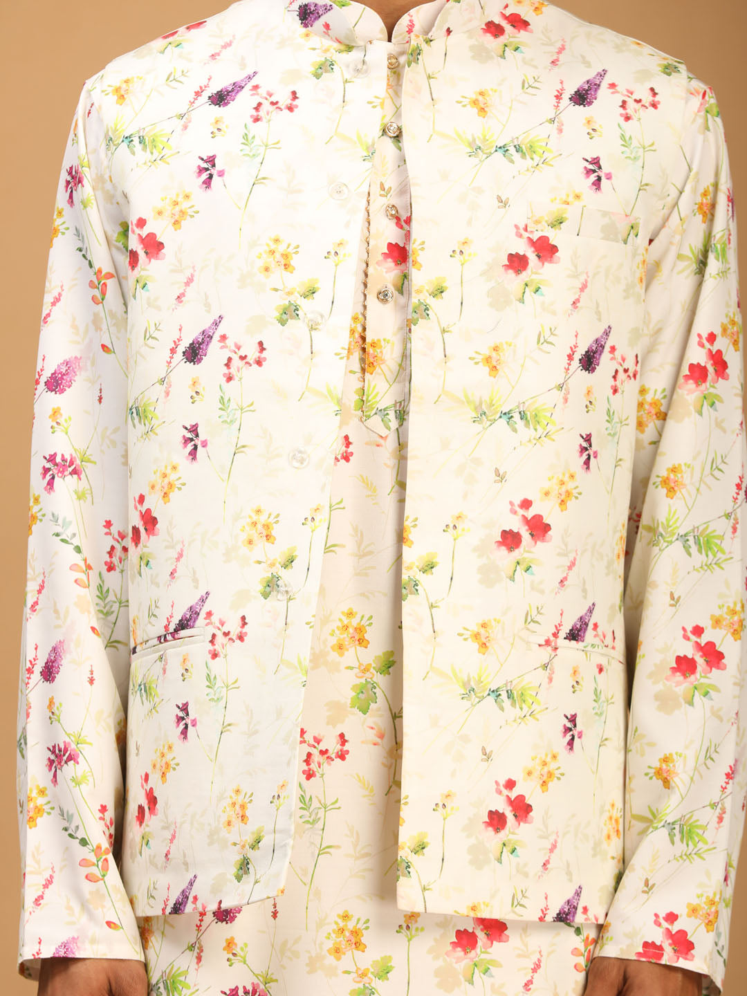 Men's Cream Cotton Blend Straight Jacket  Kurta and Pyjama Set