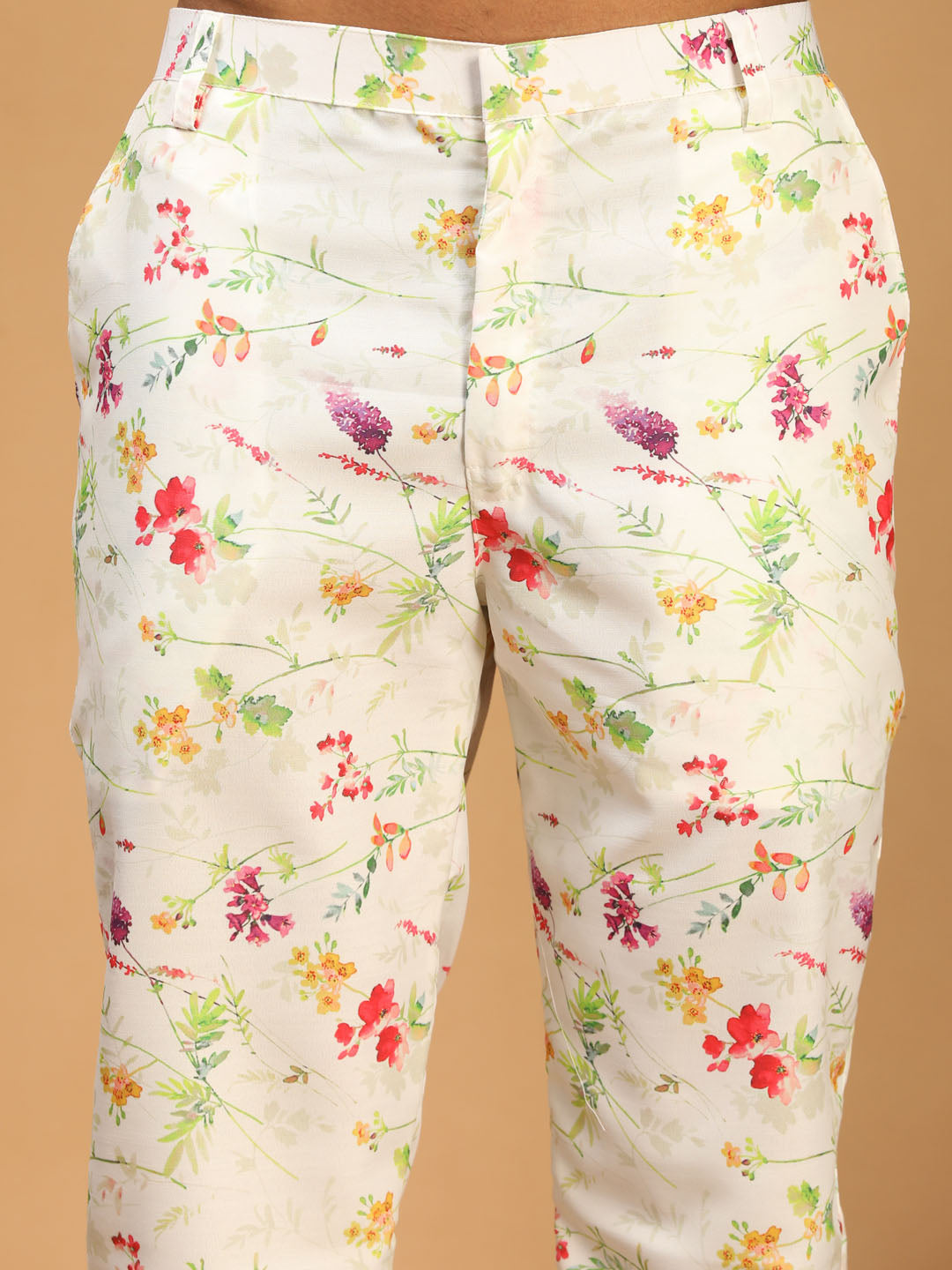 Men's Cream Cotton Blend Straight Jacket  Kurta and Pyjama Set