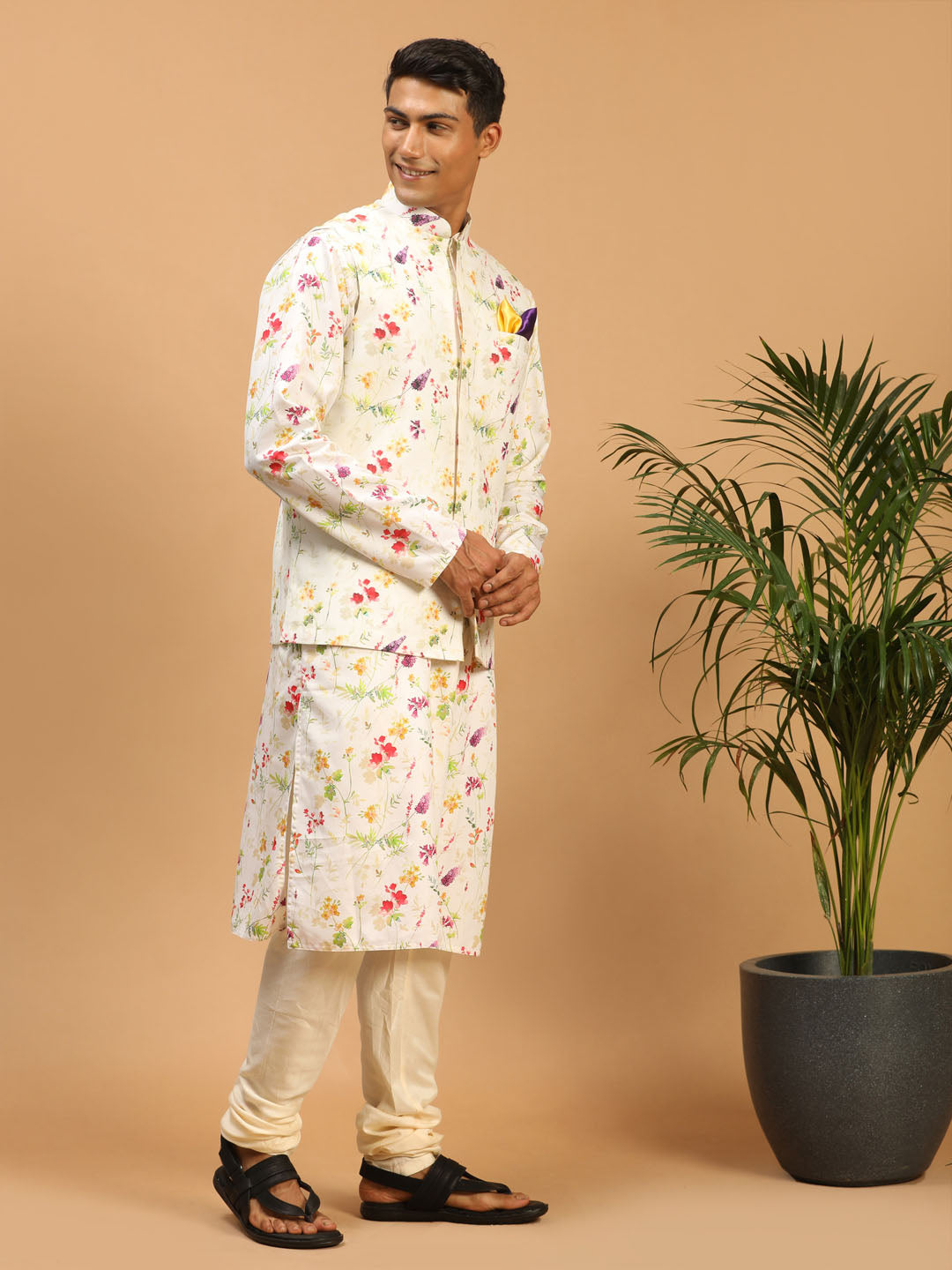 Men's Cream Cotton Blend Straight Jacket  Kurta and Pyjama Set