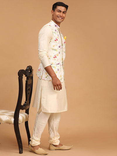Men's Cream Viscose Straight Jacket  Kurta and Pyjama Set