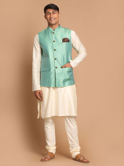 Men's Cream Viscose Straight Jacket  Kurta and Pyjama Set