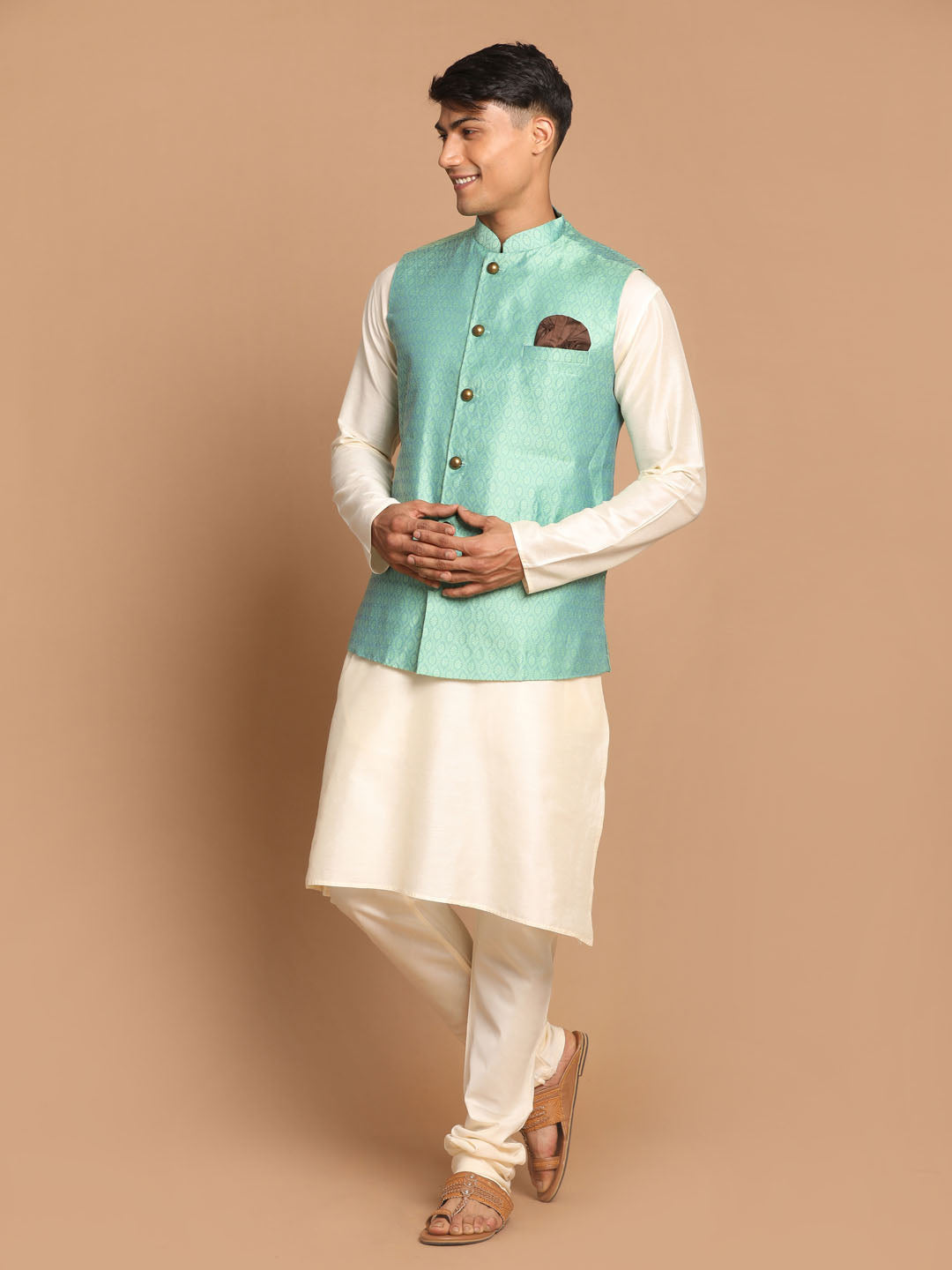 Men's Cream Viscose Straight Jacket  Kurta and Pyjama Set