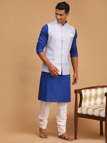 Men's Blue Cotton Blend Straight Jacket  Kurta and Pyjama Set