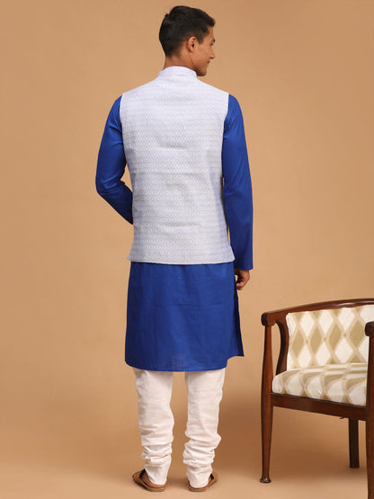 Men's Blue Cotton Blend Straight Jacket  Kurta and Pyjama Set