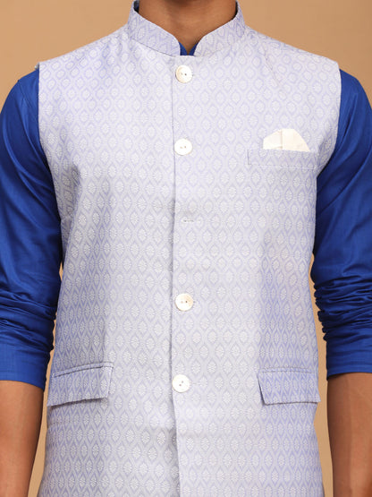 Men's Blue Cotton Blend Straight Jacket  Kurta and Pyjama Set