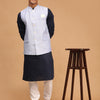 Men's Navy Blue Cotton Blend Straight Jacket  Kurta and Pyjama Set