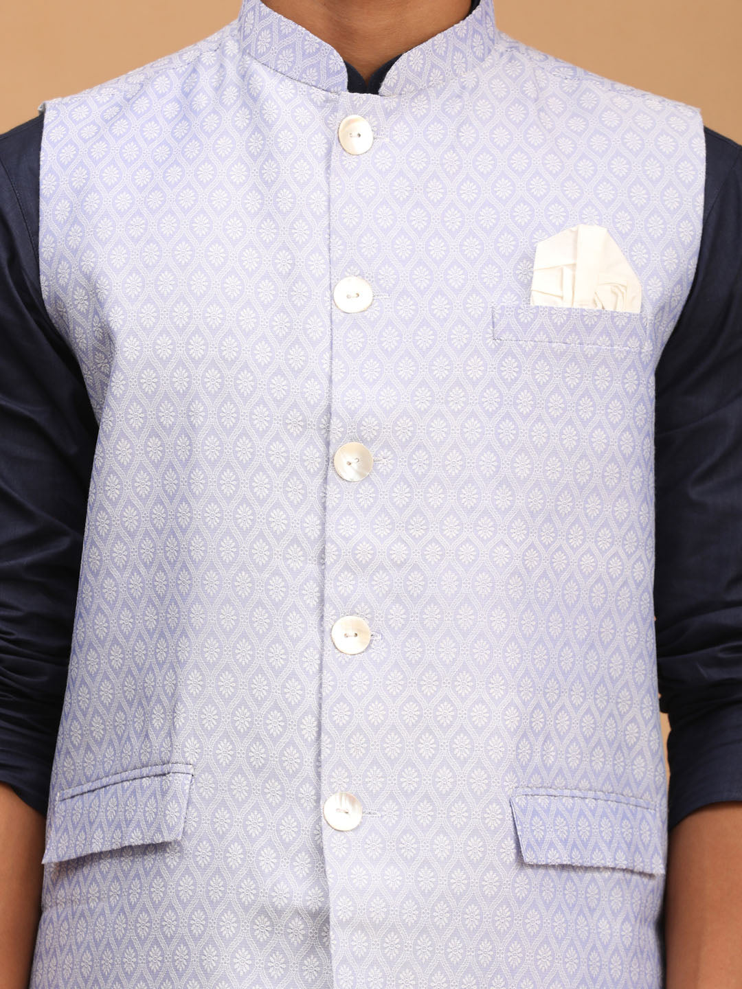 Men's Navy Blue Cotton Blend Straight Jacket  Kurta and Pyjama Set