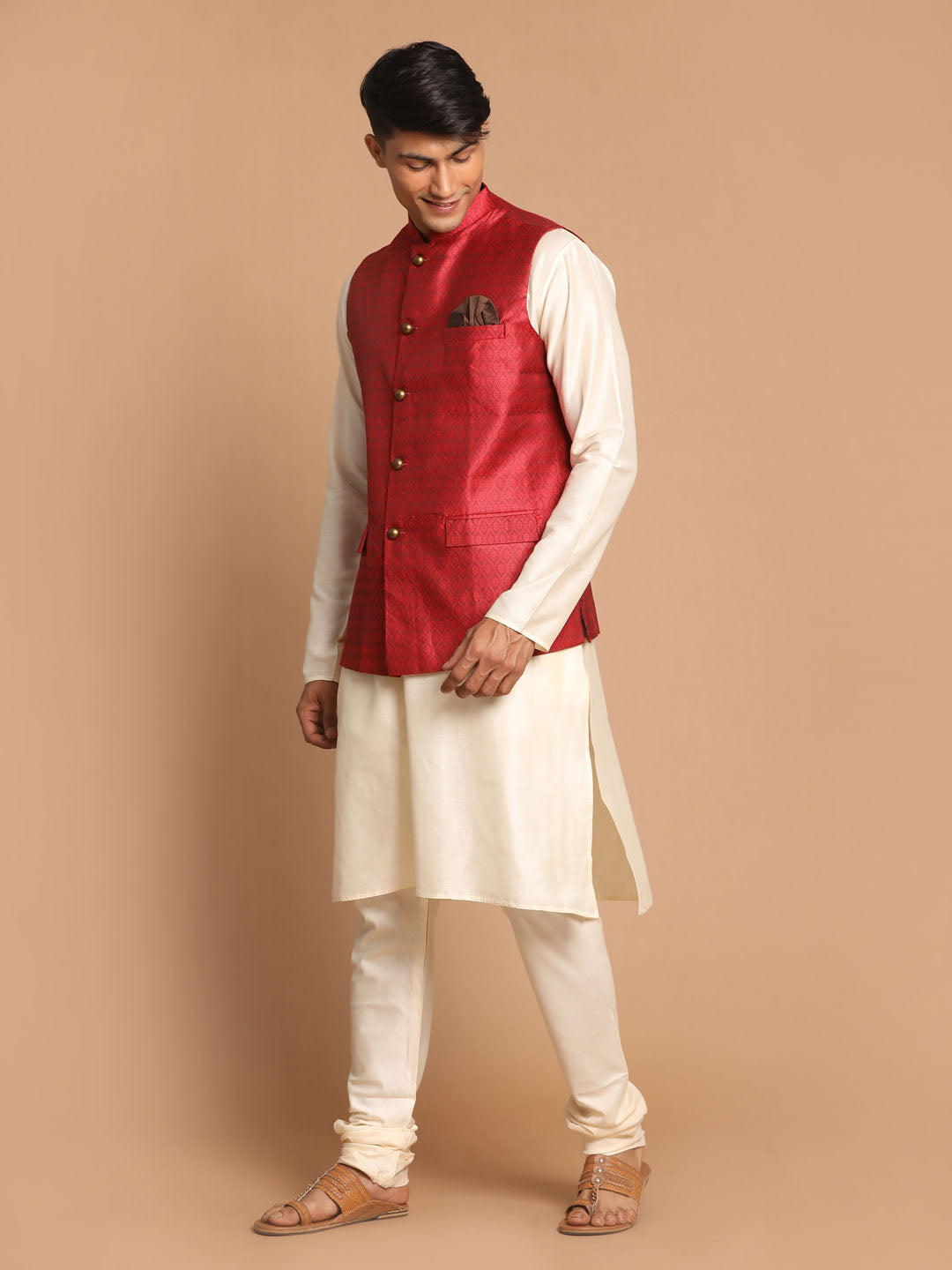 Men's Cream Viscose Straight Jacket  Kurta and Pyjama Set