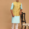 Men's Aqua Cotton Blend Straight Jacket  Kurta and Pyjama Set