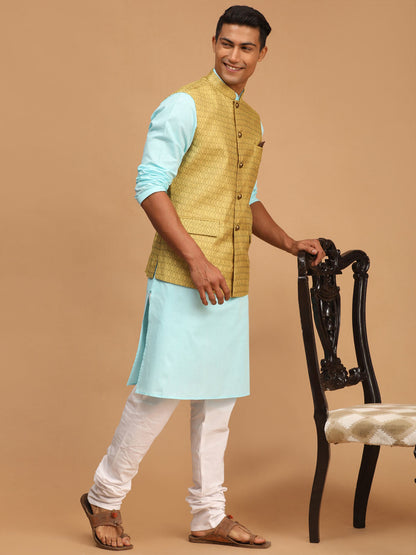 Men's Aqua Cotton Blend Straight Jacket  Kurta and Pyjama Set