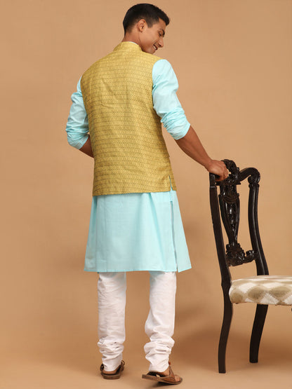 Men's Aqua Cotton Blend Straight Jacket  Kurta and Pyjama Set