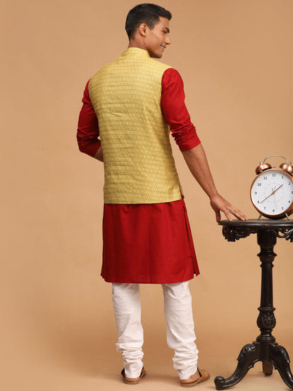 Men's Maroon Cotton Blend Straight Jacket  Kurta and Pyjama Set