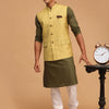 Men's Dark Green Cotton Blend Straight Jacket  Kurta and Pyjama Set