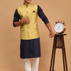 Men's Navy Blue Cotton Blend Straight Jacket  Kurta and Pyjama Set