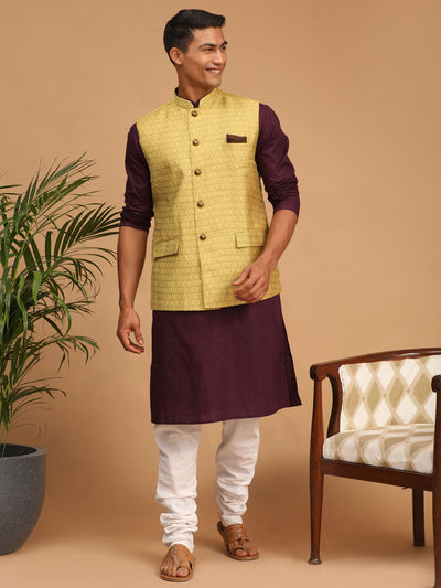 Men's Purple Cotton Blend Straight Jacket  Kurta and Pyjama Set