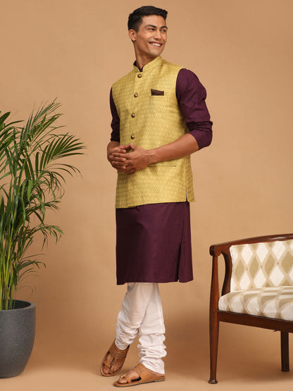 Men's Purple Cotton Blend Straight Jacket  Kurta and Pyjama Set