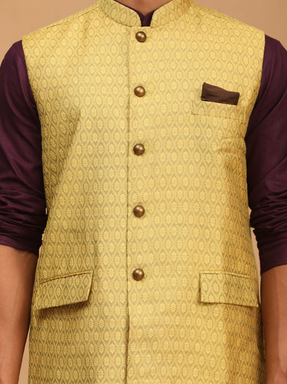 Men's Purple Cotton Blend Straight Jacket  Kurta and Pyjama Set