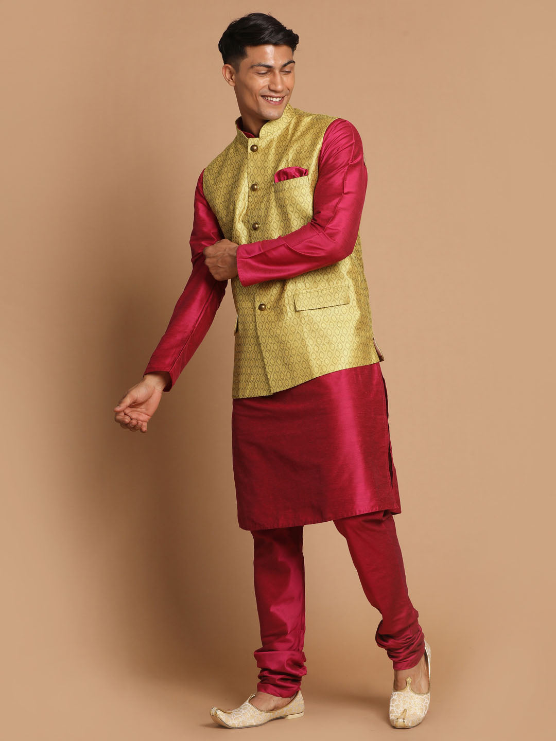 Men's Pink Viscose Straight Jacket  Kurta and Pyjama Set