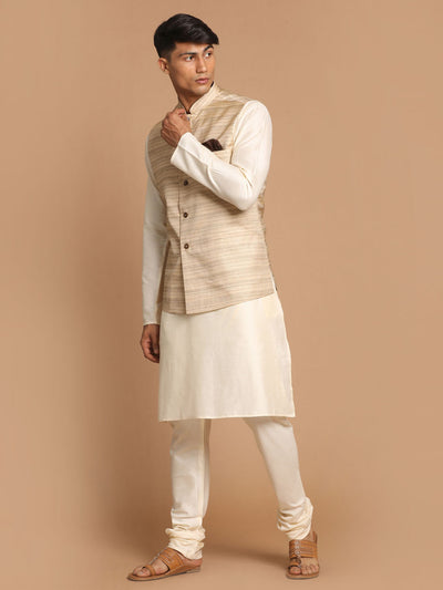 Men's Cream Viscose Straight Jacket  Kurta and Pyjama Set