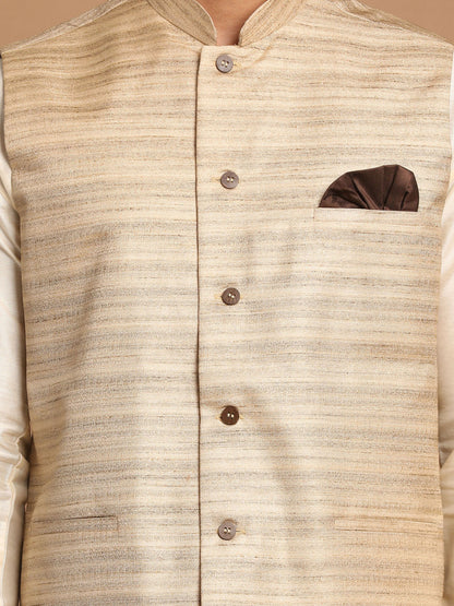 Men's Cream Viscose Straight Jacket  Kurta and Pyjama Set