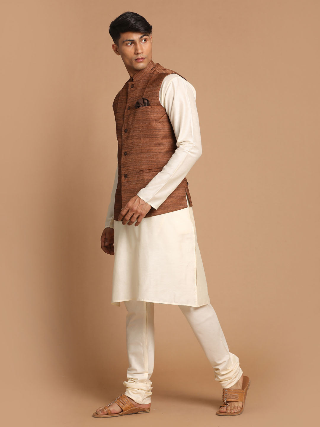 Men's Cream Viscose Straight Jacket  Kurta and Pyjama Set