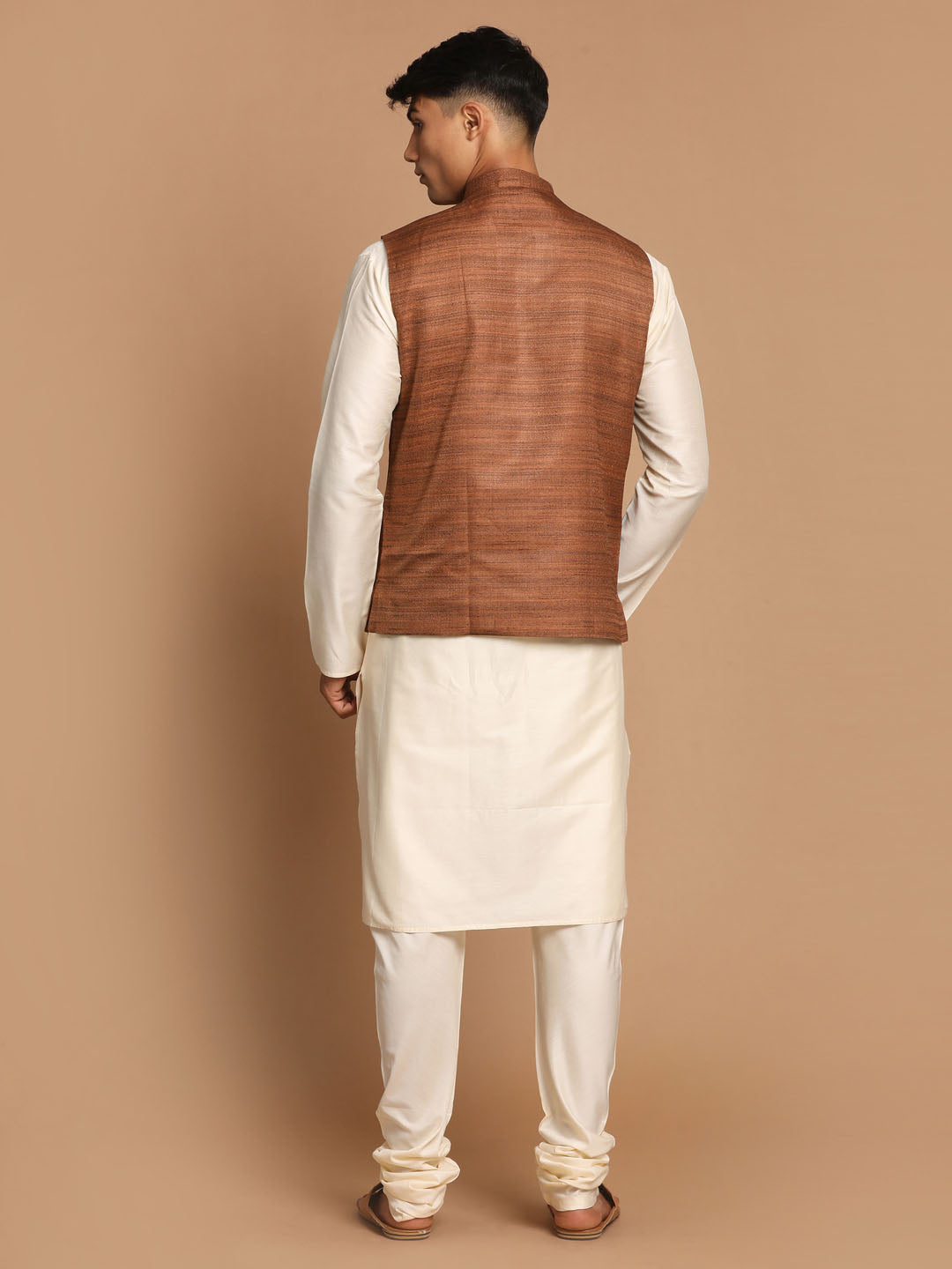 Men's Cream Viscose Straight Jacket  Kurta and Pyjama Set