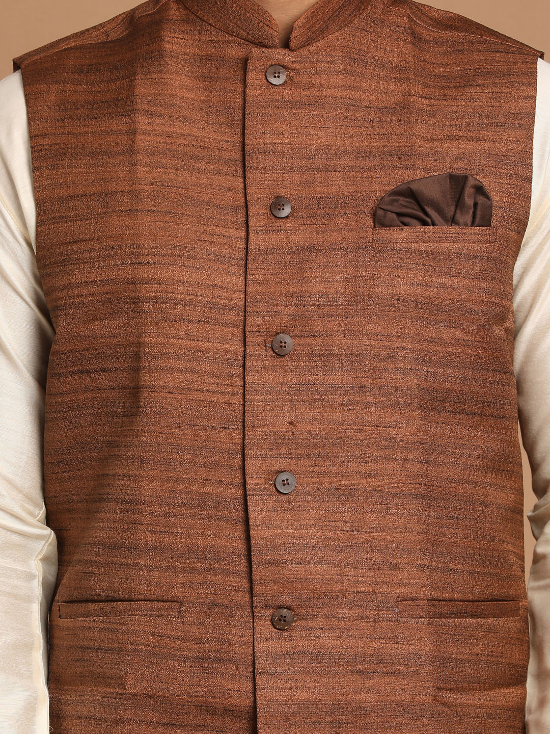 Men's Cream Viscose Straight Jacket  Kurta and Pyjama Set