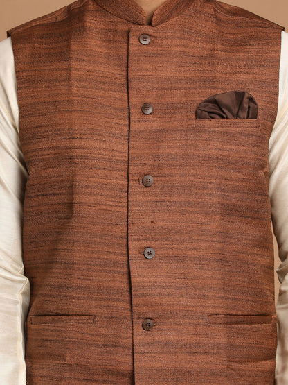 Men's Cream Viscose Straight Jacket  Kurta and Pyjama Set