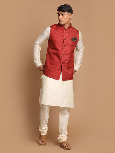 Men's Cream Viscose Straight Jacket  Kurta and Pyjama Set