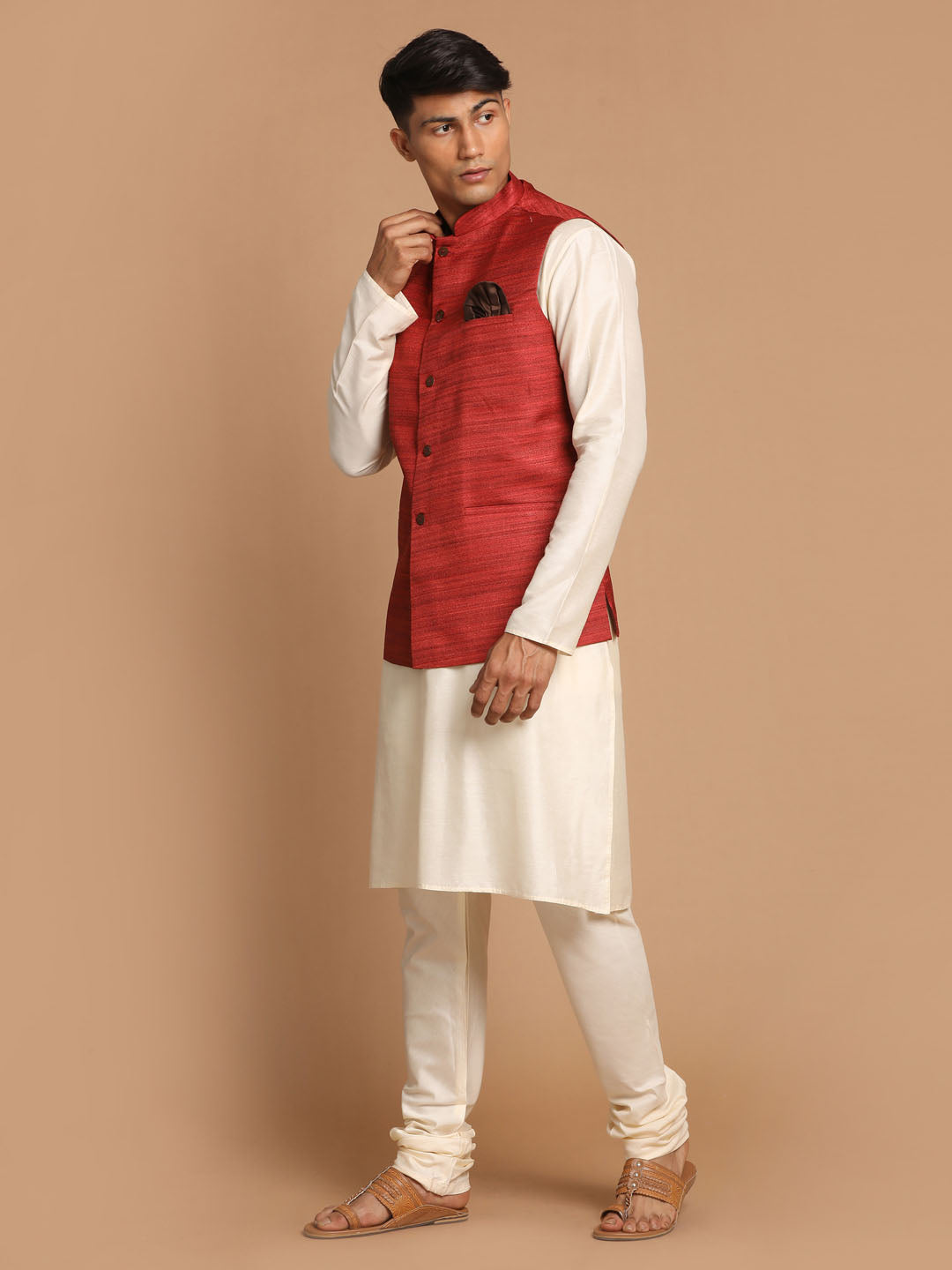 Men's Cream Viscose Straight Jacket  Kurta and Pyjama Set