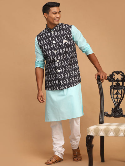 Men's Aqua Cotton Blend Straight Jacket  Kurta and Pyjama Set