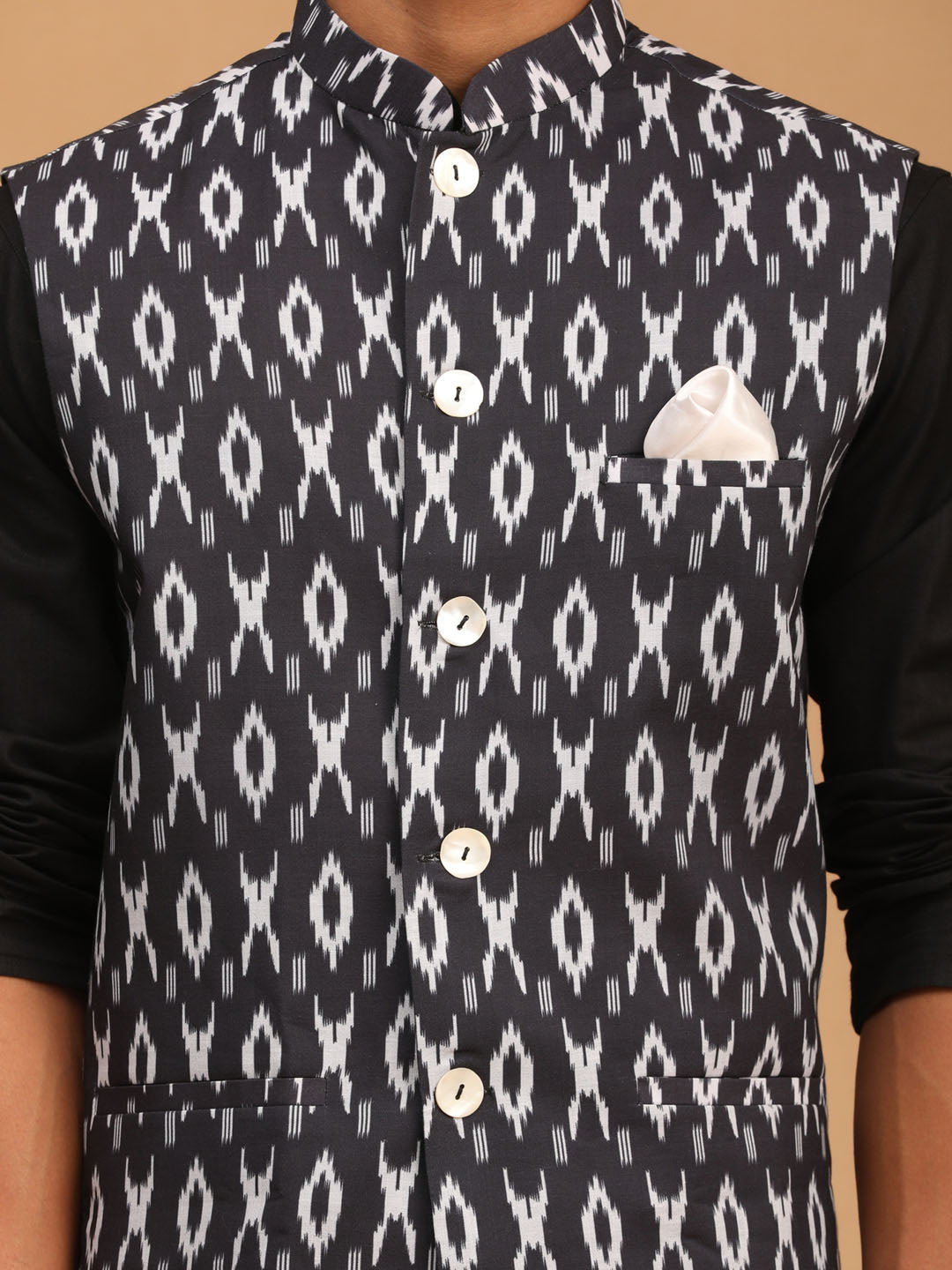 Men's Black Cotton Blend Straight Jacket  Kurta and Pyjama Set