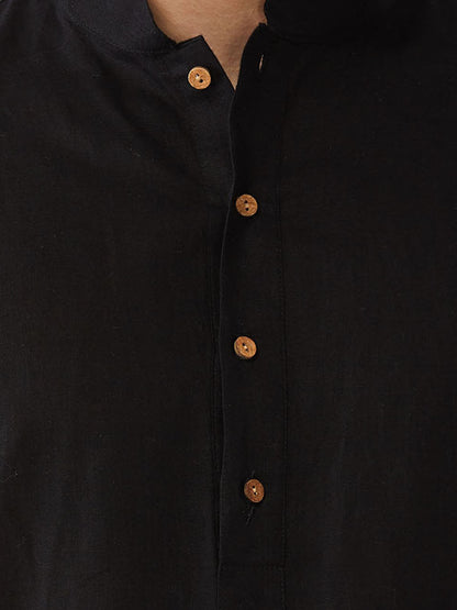 Men's Black Cotton Blend Straight Jacket  Kurta and Pyjama Set