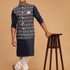 Men's Navy Blue Cotton Blend Straight Jacket  Kurta and Pyjama Set